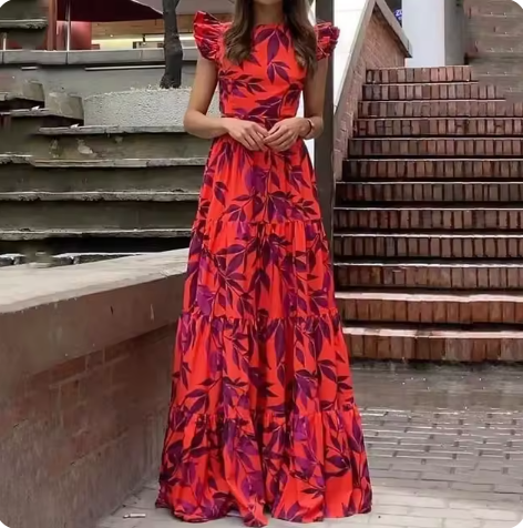 Dames Maxi Jurk – Vrouwelijk Model – Ruche Mouwen – Bladprint – Getailleerd en Gelaagd