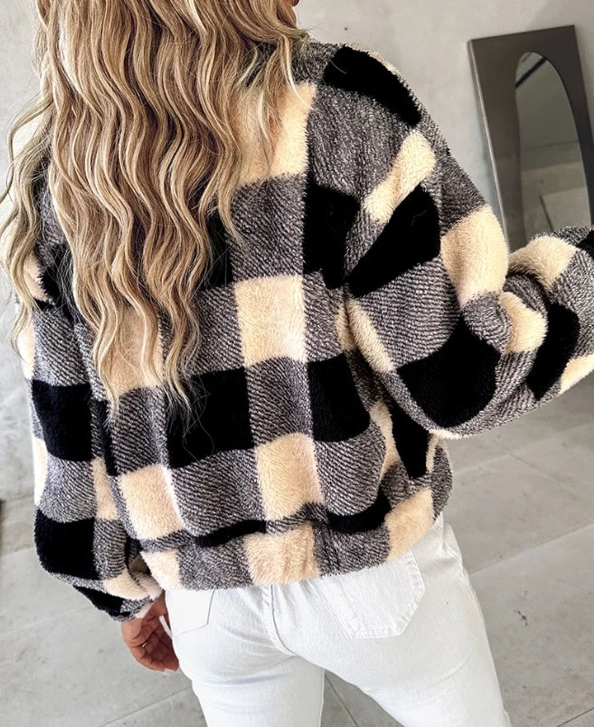 Dames Sherpa Jas – Geruit – Oversized Fit – Knopen – Zachte Warme Stof