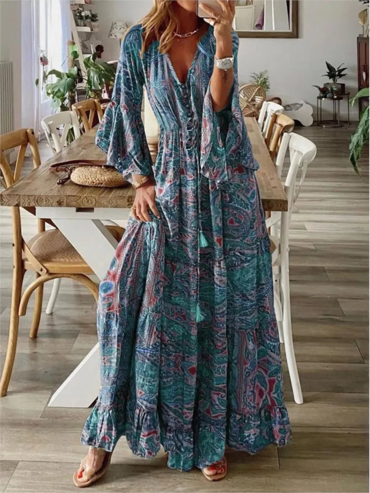 Dames Maxi Jurk - V-hals - Lange Wijde Mouwen - Rucheszoom - Bohemian Stijl