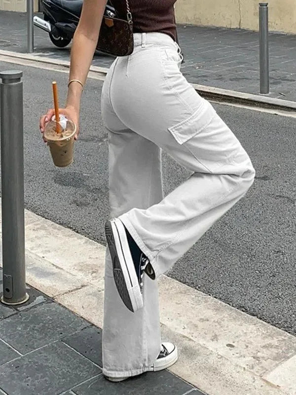 Dames Cargo Broek – Hoge Taille – Rechte Pijpen – Wijde Pasvorm – Zijvakken