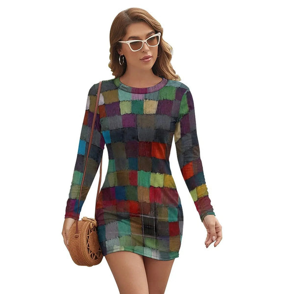 Dames Jurk - Bodycon Pasvorm - Lange Mouwen - Mini Lengte - Patchwork Design