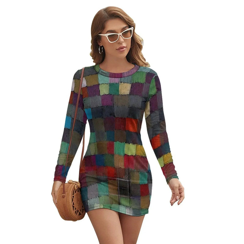 Dames Jurk - Bodycon Pasvorm - Lange Mouwen - Mini Lengte - Patchwork Design