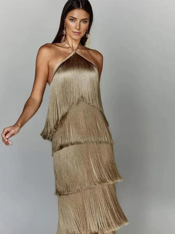 Dames Jurk - Halternek - Lange Jurk - Elegante Flapperstijl met Franjes