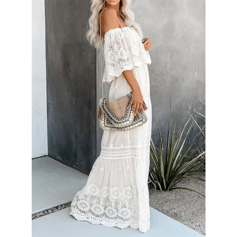 Dames Maxi Jurk – Off-Shoulder – Bohemian Stijl – Gelaagde Rok – Kantdetails