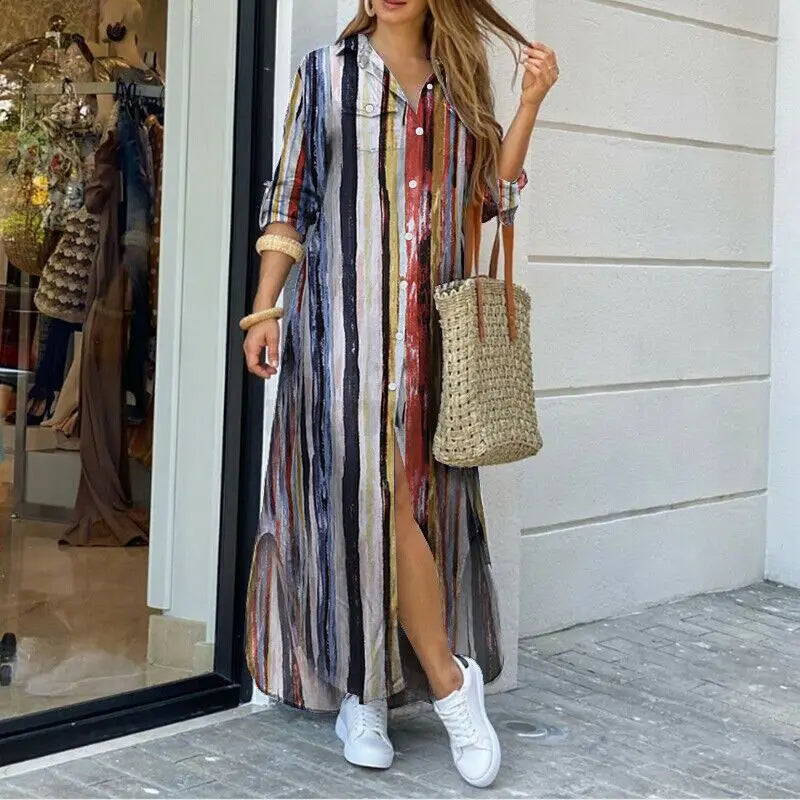 Dames Spijkerjurk – Lange Pasvorm – Knoopsluiting – Zijsplitten – Shirtkraag – Casual
