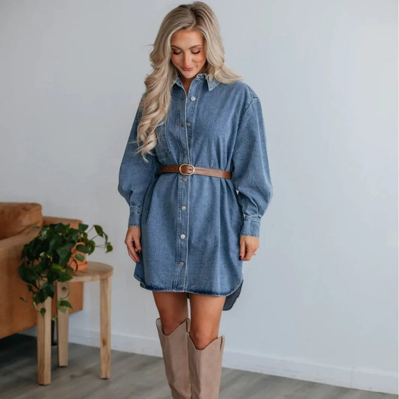 Dames Overhemdjurk - Denim - Relaxed Fit - Lange Mouw - Knoopsluiting - Borstzak