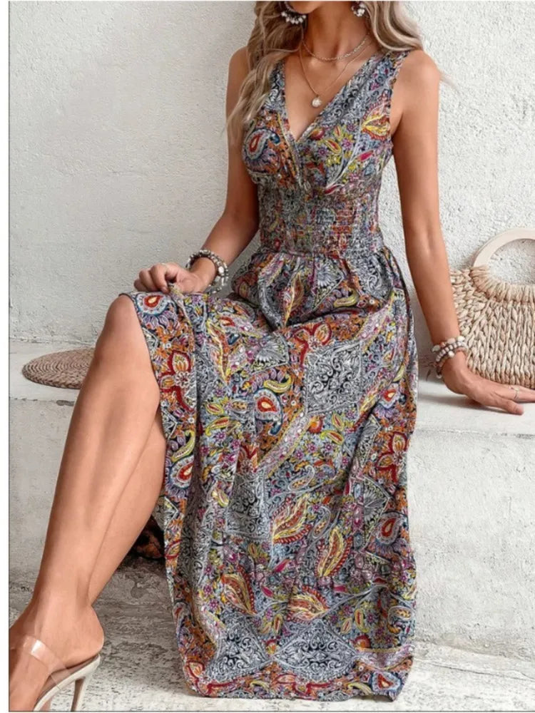 Dames Maxi Jurk - Mouwloos - V-Hals - Bohemian Print - Comfortabele Pasvorm