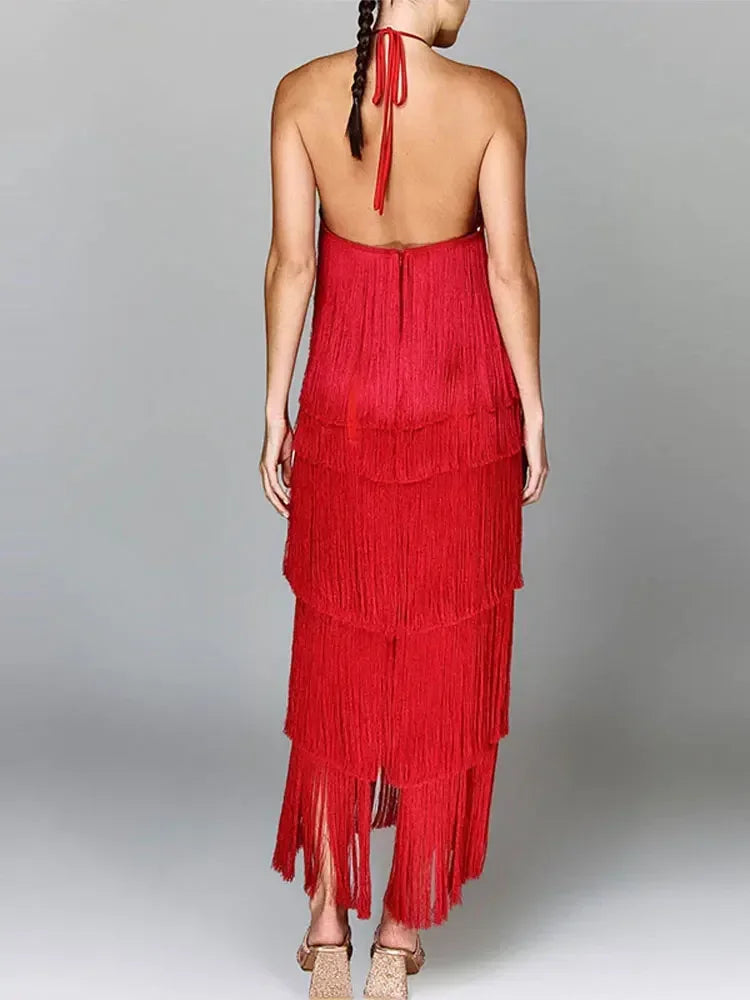 Dames Jurk - Halternek - Lange Jurk - Elegante Flapperstijl met Franjes