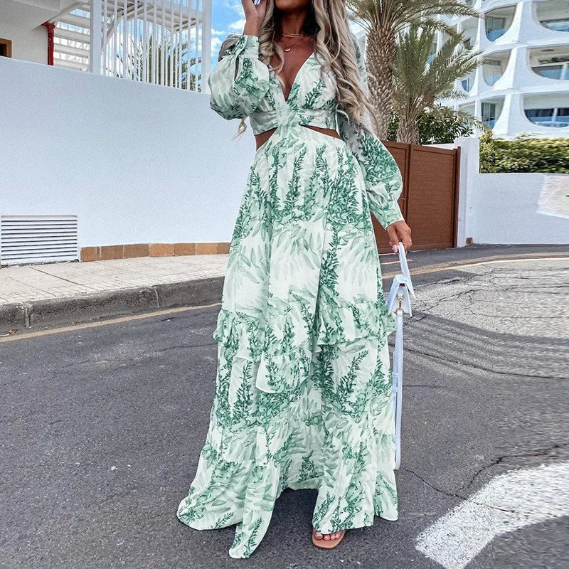 Dames Maxi Jurk - V-Hals - Lange Mouwen - Cut-Out Taille - Botanische Print - Luchtig