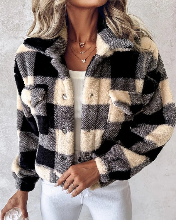 Dames Sherpa Jas – Geruit – Oversized Fit – Knopen – Zachte Warme Stof