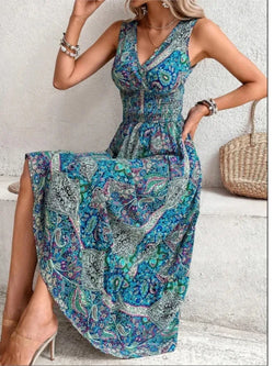 Dames Maxi Jurk - Mouwloos - V-Hals - Bohemian Print - Comfortabele Pasvorm