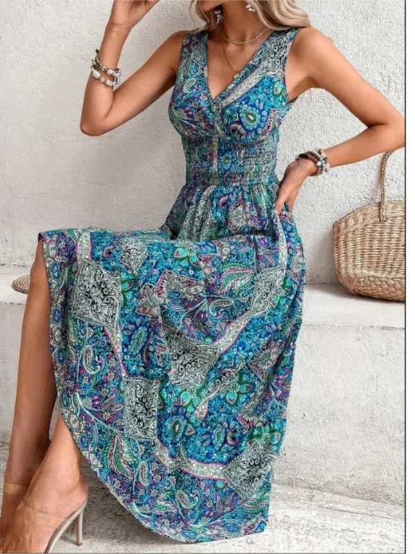Dames Maxi Jurk - Mouwloos - V-Hals - Bohemian Print - Comfortabele Pasvorm