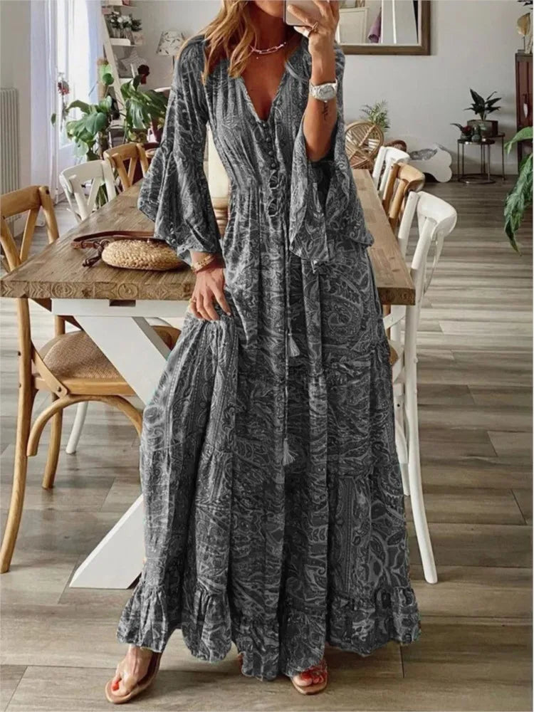 Dames Maxi Jurk - V-hals - Lange Wijde Mouwen - Rucheszoom - Bohemian Stijl