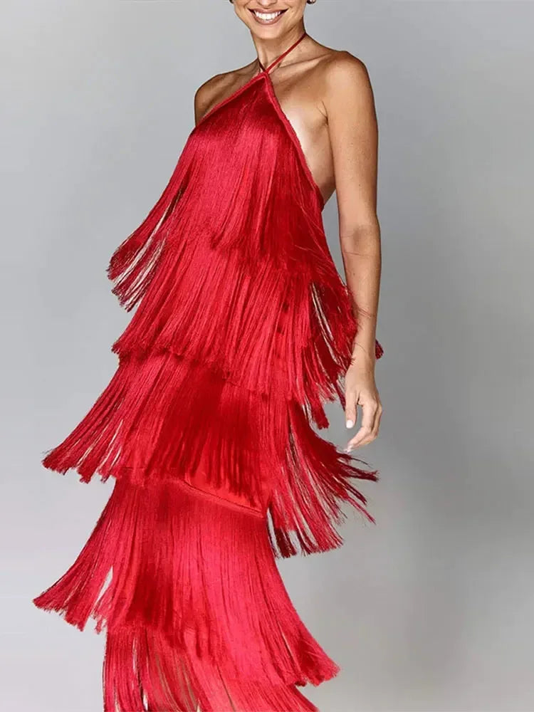 Dames Jurk - Halternek - Lange Jurk - Elegante Flapperstijl met Franjes
