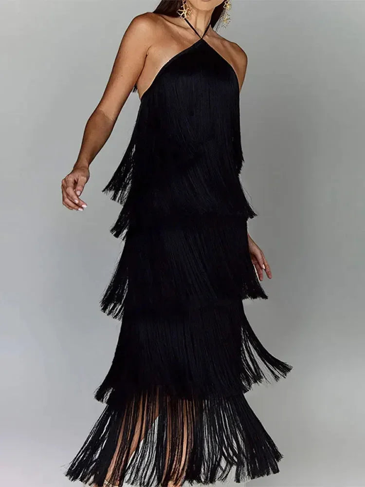 Dames Jurk - Halternek - Lange Jurk - Elegante Flapperstijl met Franjes