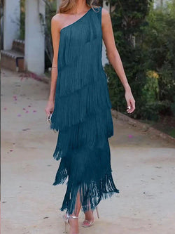 Dames Maxi Jurk – One Shoulder – Asymmetrische Halslijn – Met Gelaagde Franje – Elegant