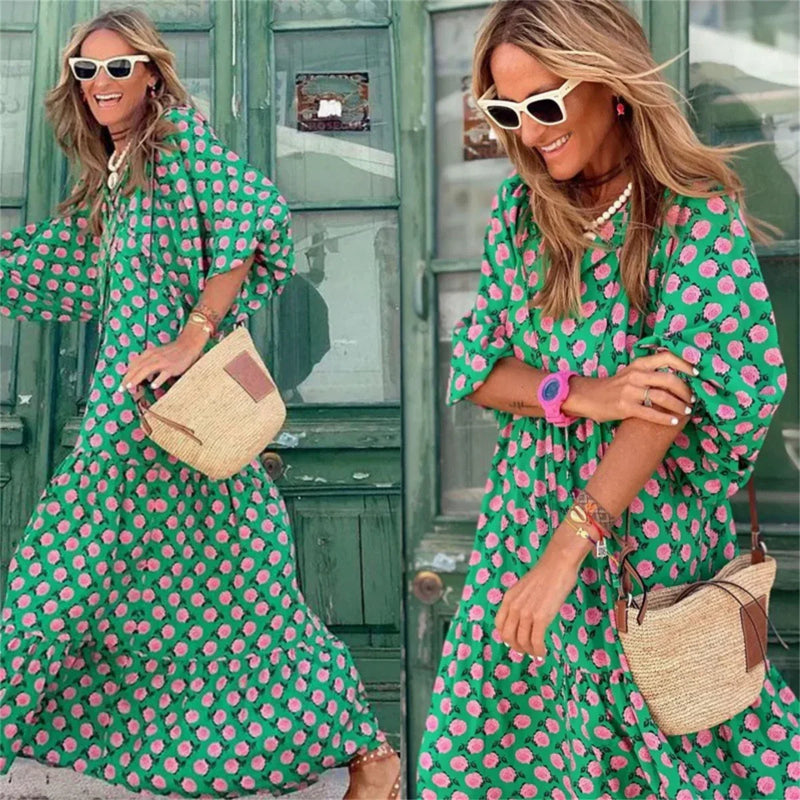 Dames Maxi Jurk - V-Hals - Pofmouwen - Polkadot Print - Luchtige Losse Pasvorm