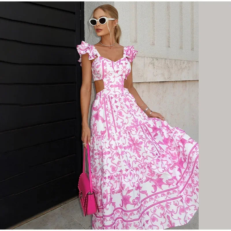 Dames Midi Jurk - Fit & Flare - Ruches Mouw - Cut-Out Taille - Sweetheart Halslijn