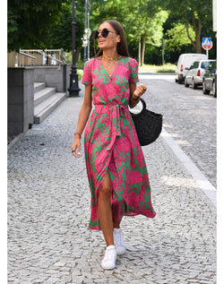 Dames Wikkeljurk - V-Hals - Korte Mouw - Midi Lengte - Tailleceintuur - Bloemenprint