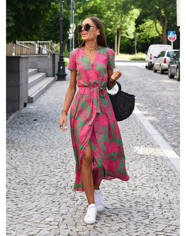 Dames Wikkeljurk - V-Hals - Korte Mouw - Midi Lengte - Tailleceintuur - Bloemenprint
