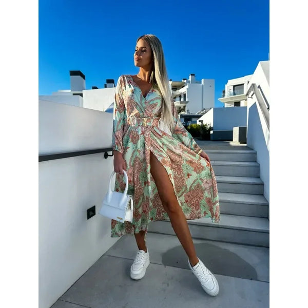 Dames Maxi Jurk – V-hals – Lange Mouwen – Bloemenprint – Hoge Split – Getailleerd Model