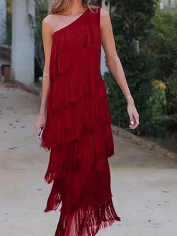 Dames Maxi Jurk – One Shoulder – Asymmetrische Halslijn – Met Gelaagde Franje – Elegant