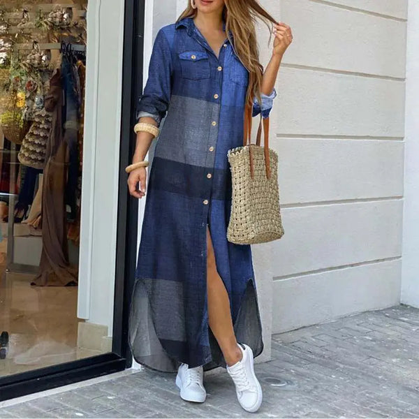 Dames Spijkerjurk – Lange Pasvorm – Knoopsluiting – Zijsplitten – Shirtkraag – Casual