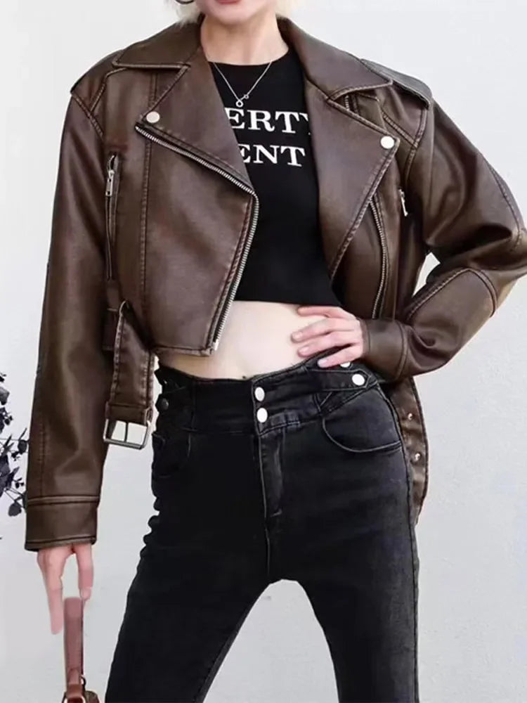 Dames Leren Jack – Asymmetrische Ritssluiting – Getailleerd Model – Bikerstijl met Riem