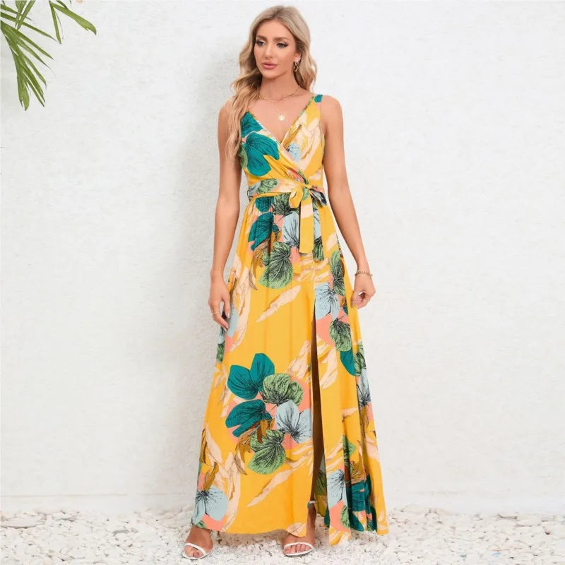 Dames Maxi Jurk - V-Hals - Mouwloos - Bloemenprint - Splitrok - Geaccentueerde Taille