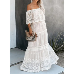 Dames Maxi Jurk – Off-Shoulder – Bohemian Stijl – Gelaagde Rok – Kantdetails