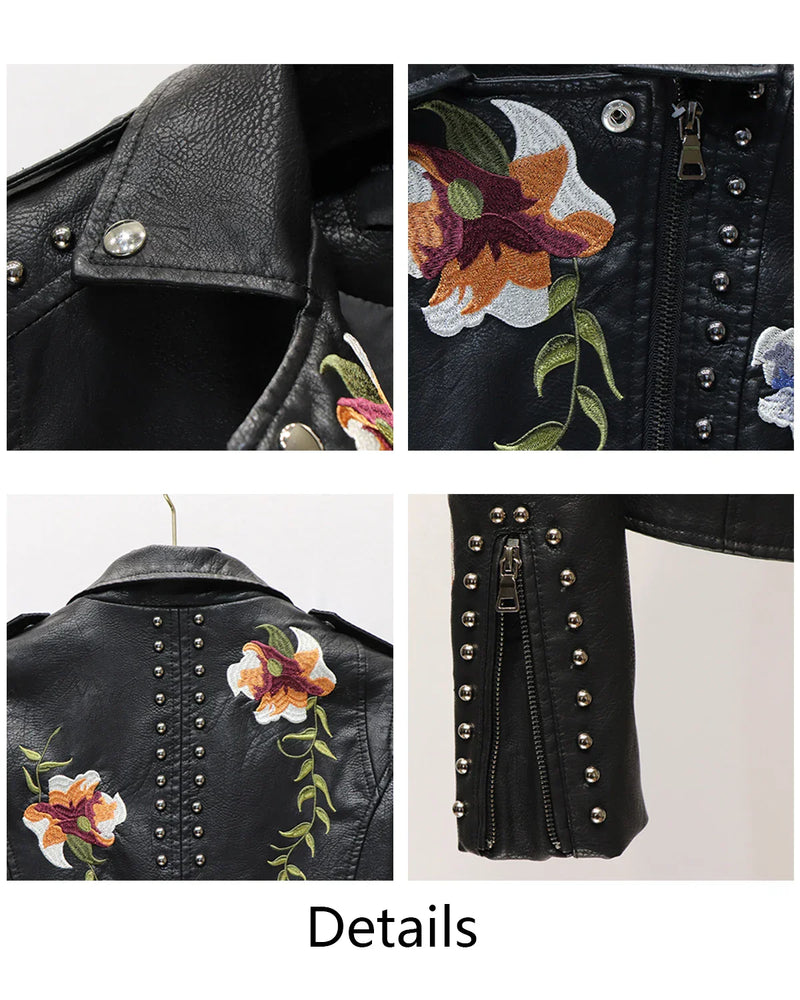 Dames Motorjack – Echt Leer – Getailleerde Pasvorm – Studs en Bloemenborduursel