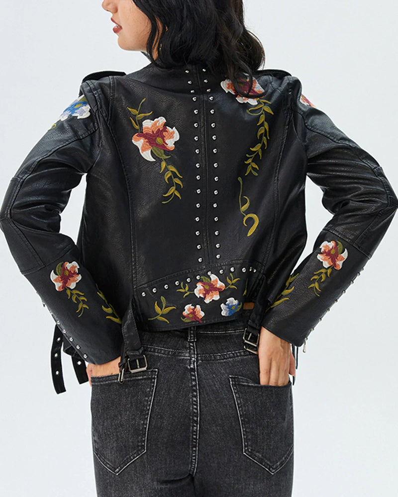 Dames Motorjack – Echt Leer – Getailleerde Pasvorm – Studs en Bloemenborduursel