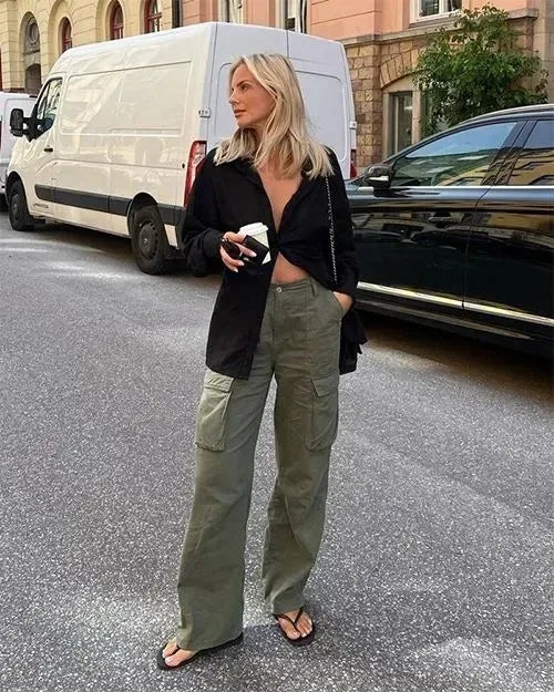 Dames Cargo Broek – Hoge Taille – Rechte Pijpen – Wijde Pasvorm – Zijvakken
