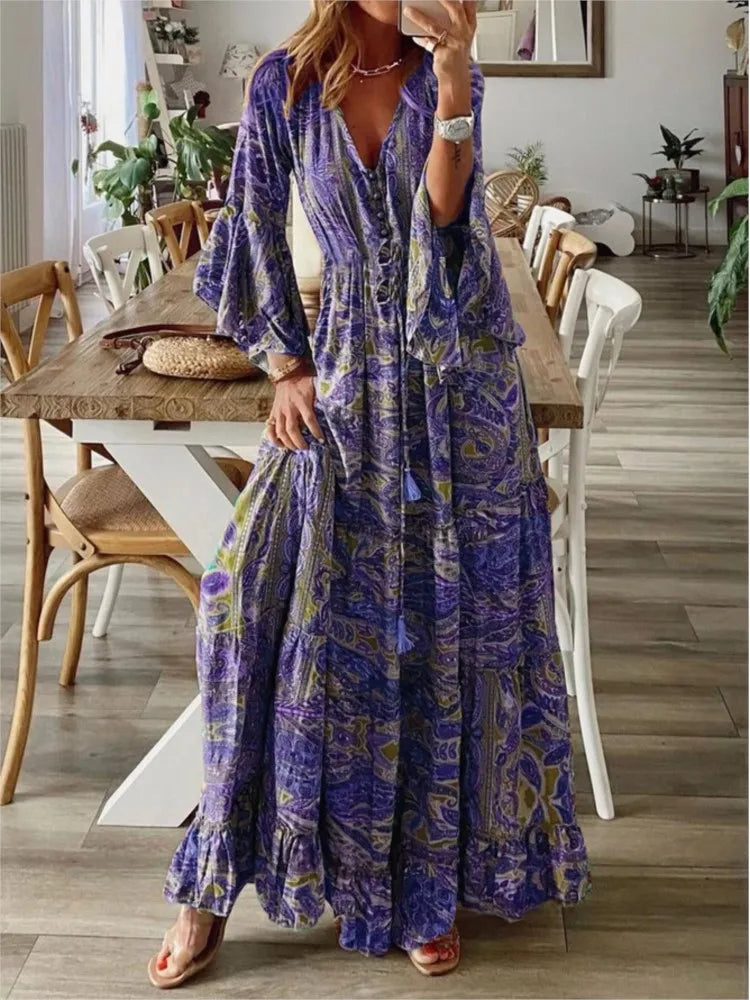 Dames Maxi Jurk - V-hals - Lange Wijde Mouwen - Rucheszoom - Bohemian Stijl