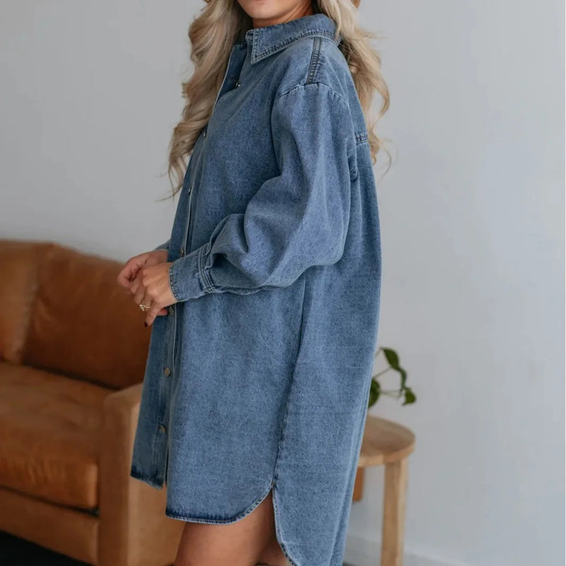 Dames Overhemdjurk - Denim - Relaxed Fit - Lange Mouw - Knoopsluiting - Borstzak