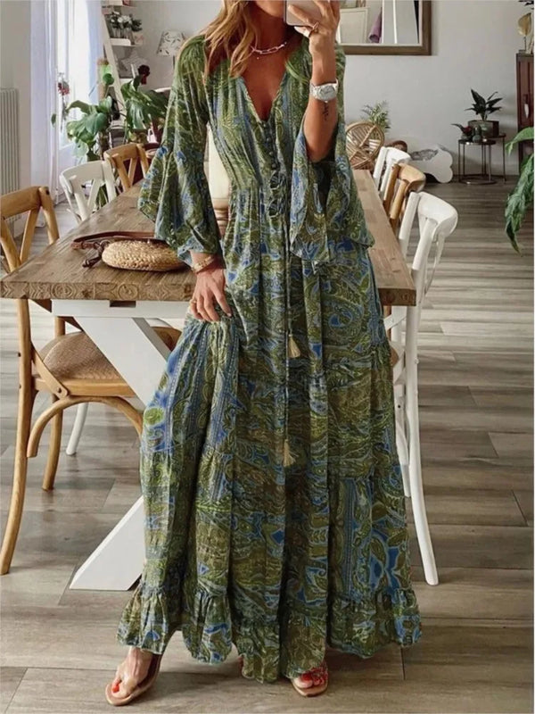 Dames Maxi Jurk - V-hals - Lange Wijde Mouwen - Rucheszoom - Bohemian Stijl