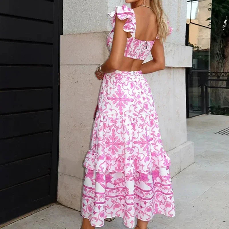 Dames Midi Jurk - Fit & Flare - Ruches Mouw - Cut-Out Taille - Sweetheart Halslijn