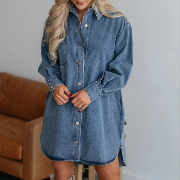 Dames Overhemdjurk - Denim - Relaxed Fit - Lange Mouw - Knoopsluiting - Borstzak