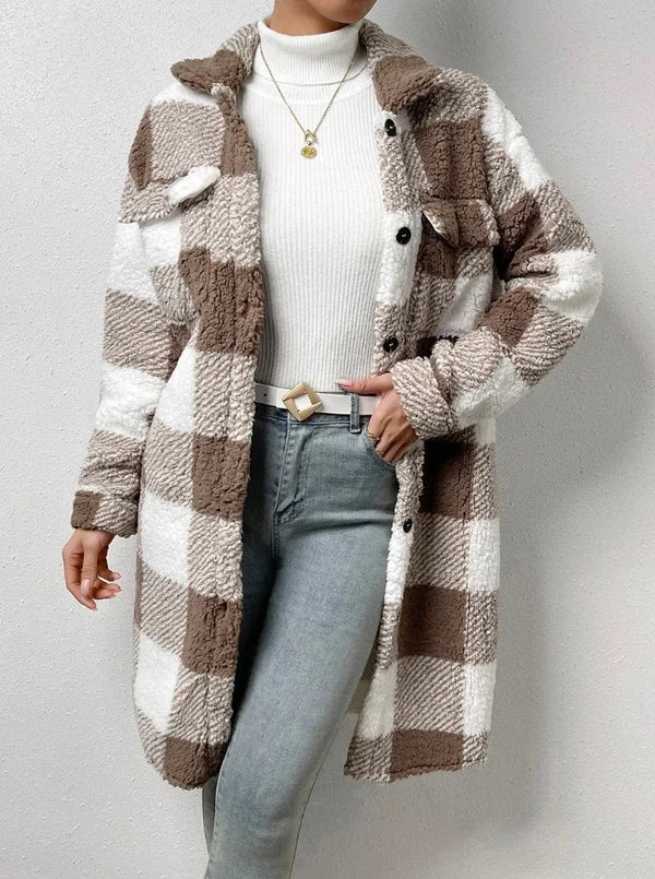 Dames Sherpa Jas - Geruit Design - Middellang - Relaxte Pasvorm - Knopen & Borstzakken