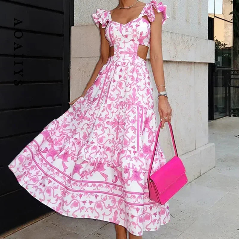 Dames Midi Jurk - Fit & Flare - Ruches Mouw - Cut-Out Taille - Sweetheart Halslijn