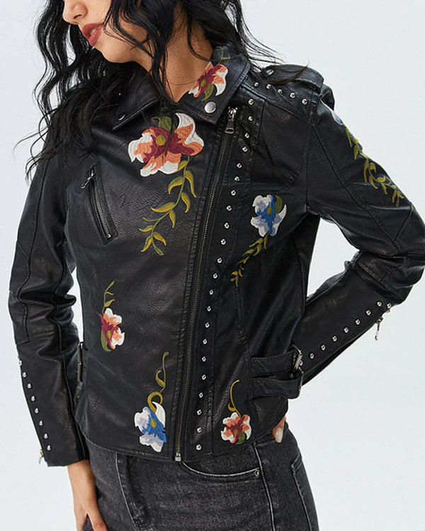 Dames Motorjack – Echt Leer – Getailleerde Pasvorm – Studs en Bloemenborduursel