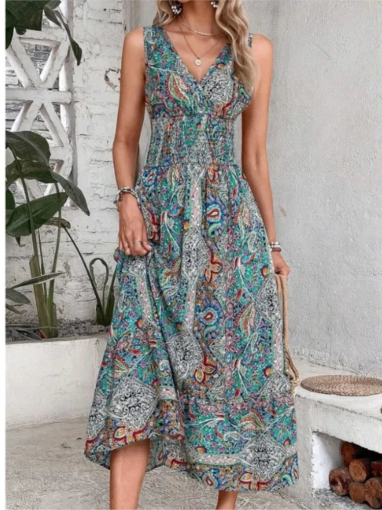Dames Maxi Jurk - Mouwloos - V-Hals - Bohemian Print - Comfortabele Pasvorm