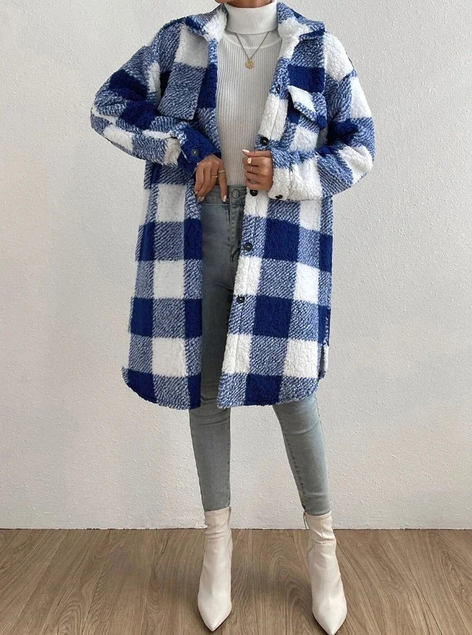 Dames Sherpa Jas - Geruit Design - Middellang - Relaxte Pasvorm - Knopen & Borstzakken