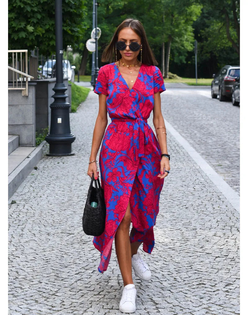 Dames Wikkeljurk - V-Hals - Korte Mouw - Midi Lengte - Tailleceintuur - Bloemenprint