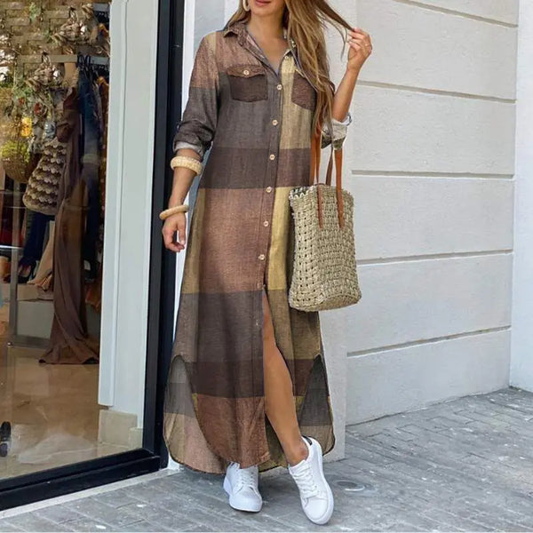 Dames Spijkerjurk – Lange Pasvorm – Knoopsluiting – Zijsplitten – Shirtkraag – Casual