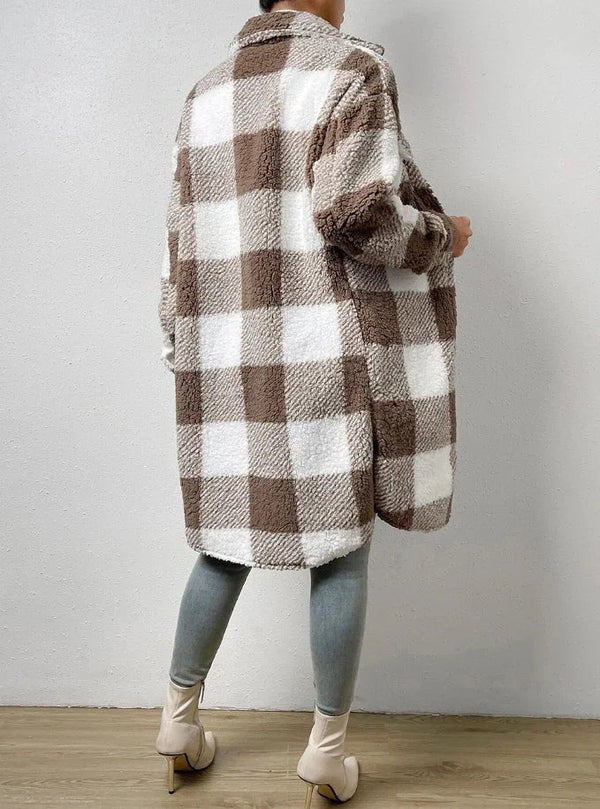 Dames Sherpa Jas - Geruit Design - Middellang - Relaxte Pasvorm - Knopen & Borstzakken
