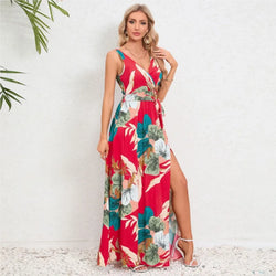 Dames Maxi Jurk - V-Hals - Mouwloos - Bloemenprint - Splitrok - Geaccentueerde Taille