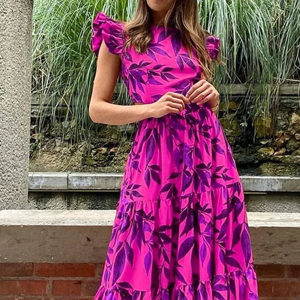 Dames Maxi Jurk – Vrouwelijk Model – Ruche Mouwen – Bladprint – Getailleerd en Gelaagd