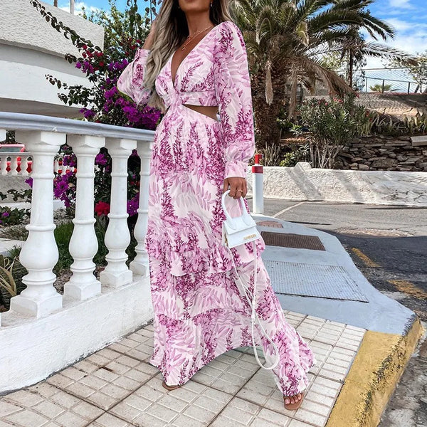 Dames Maxi Jurk - V-Hals - Lange Mouwen - Cut-Out Taille - Botanische Print - Luchtig