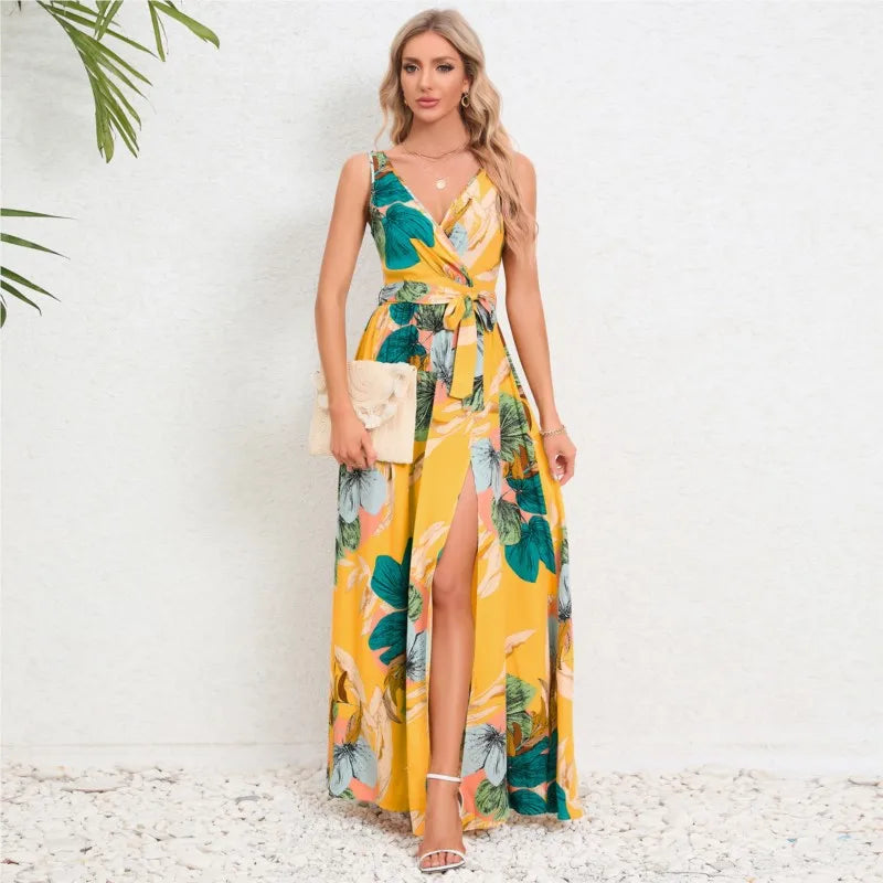Dames Maxi Jurk - V-Hals - Mouwloos - Bloemenprint - Splitrok - Geaccentueerde Taille